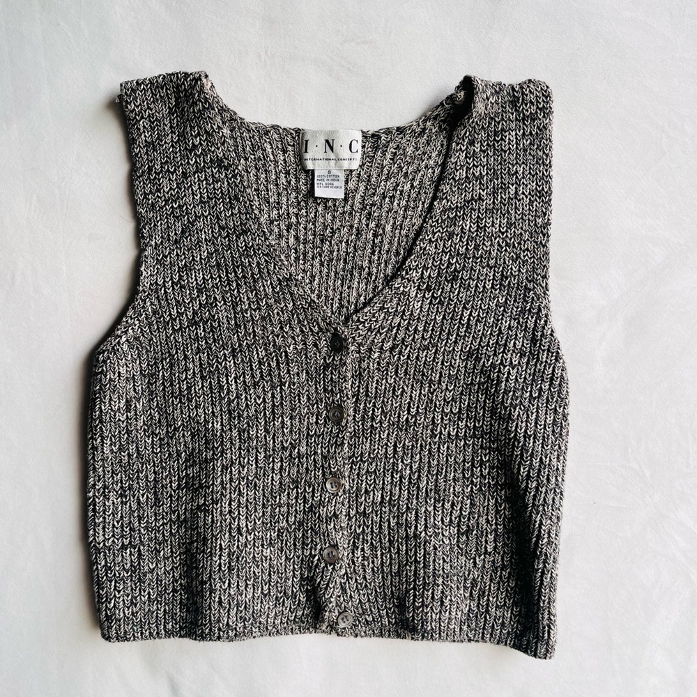 INC International Concepts Black & White Marled Knit Crop Vest